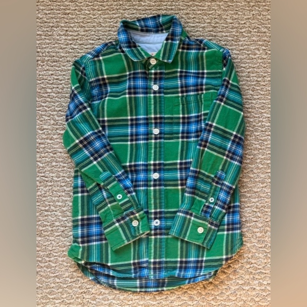 Mini Boden Green Plaid Flannel Button Down Shirt Size: 5-6Y